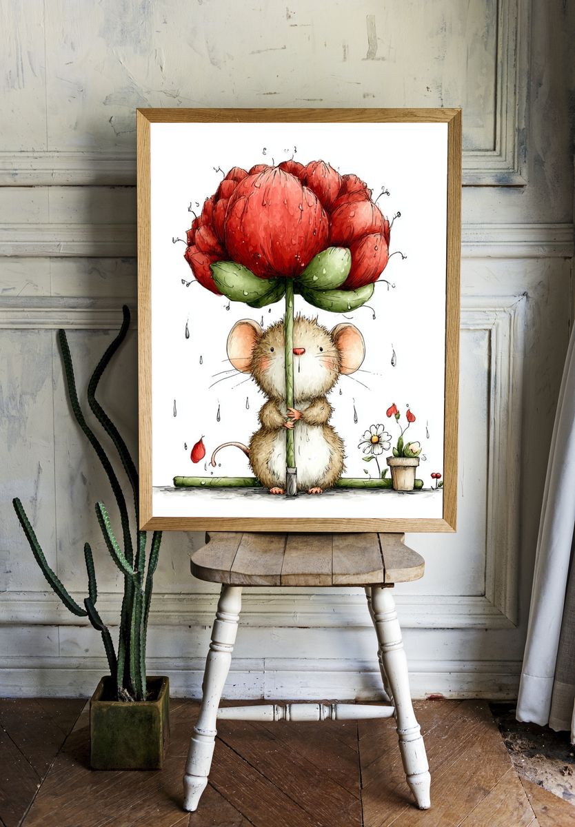 Mouse with Flower Illustration Poster. — room view 1