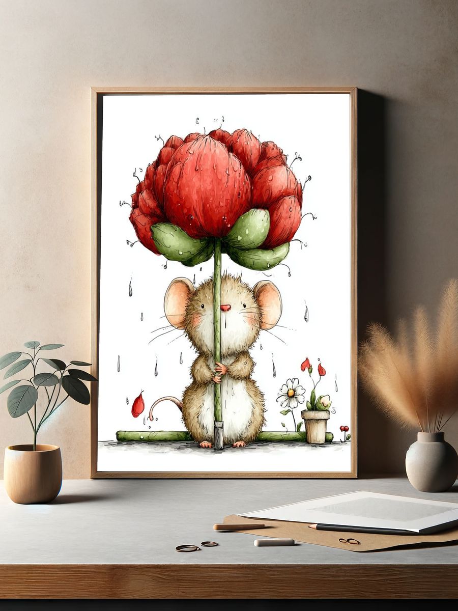 Mouse with Flower Illustration Poster. — room view 2