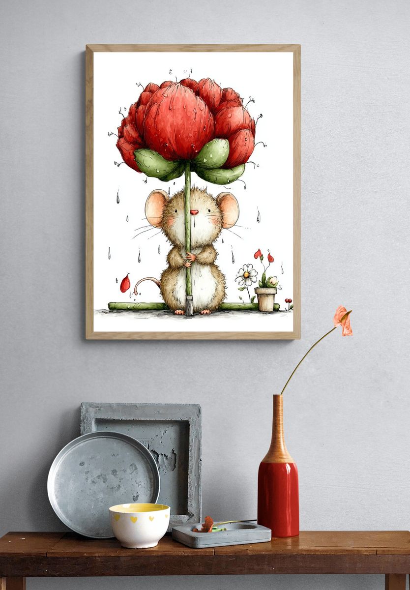 Mouse with Flower Illustration Poster. — room view 3