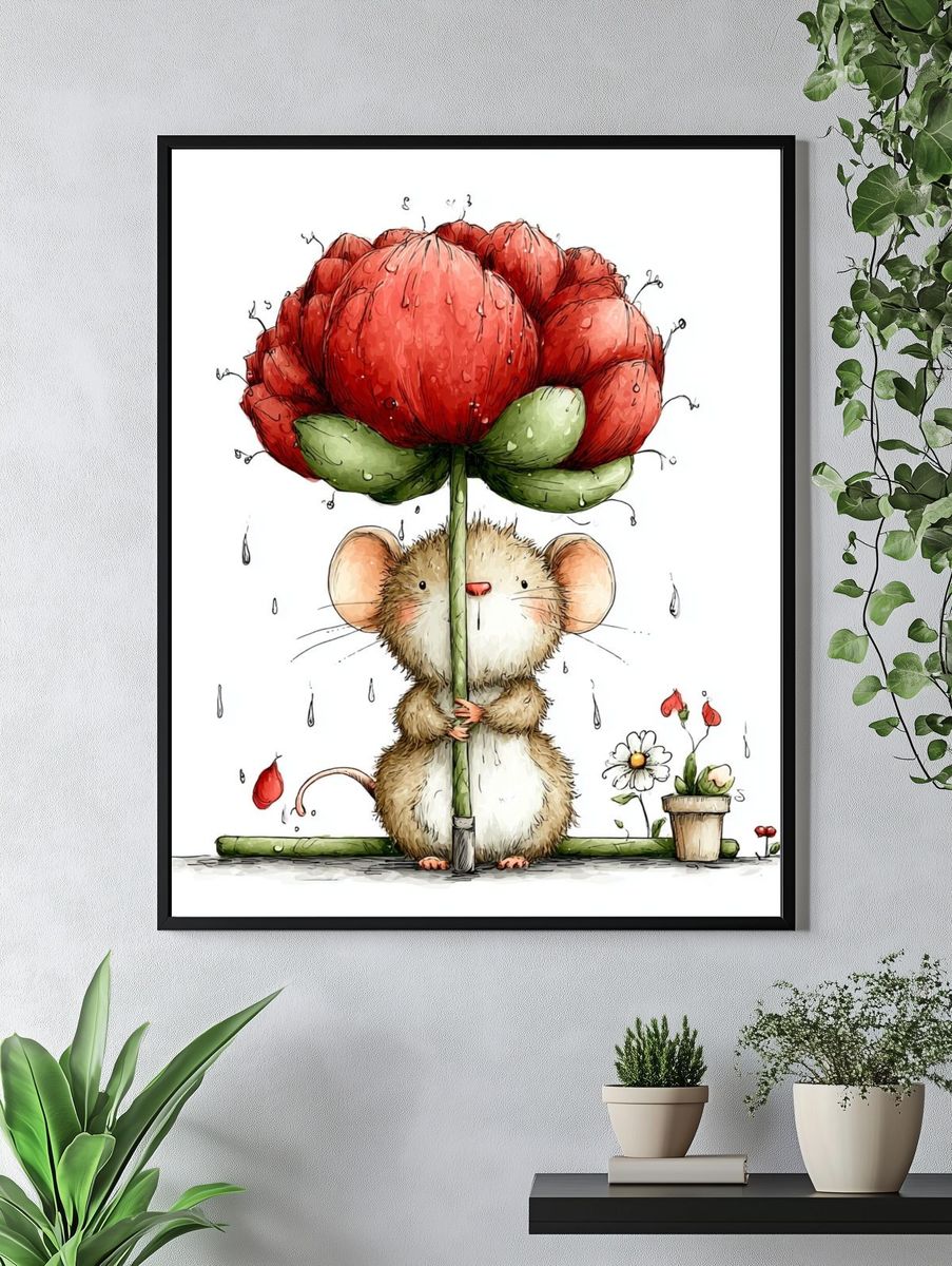 Mouse with Flower Illustration Poster. — room view 4