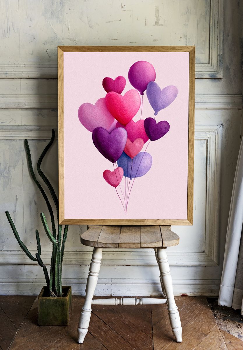 Heart Balloons Watercolor Poster. — room view 1