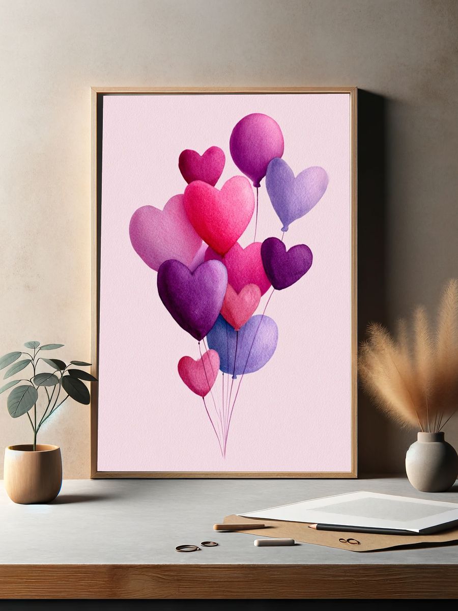 Heart Balloons Watercolor Poster. — room view 2
