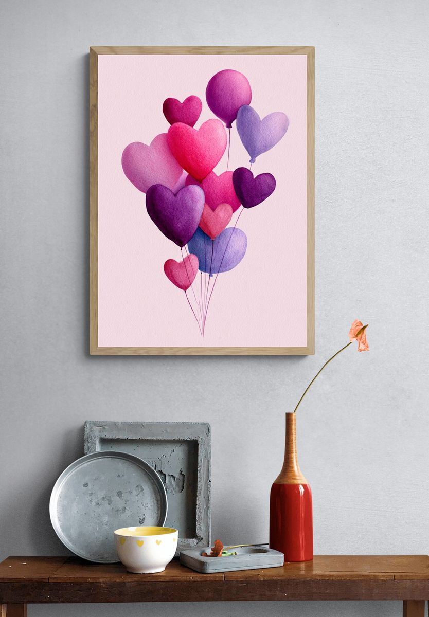 Heart Balloons Watercolor Poster. — room view 3