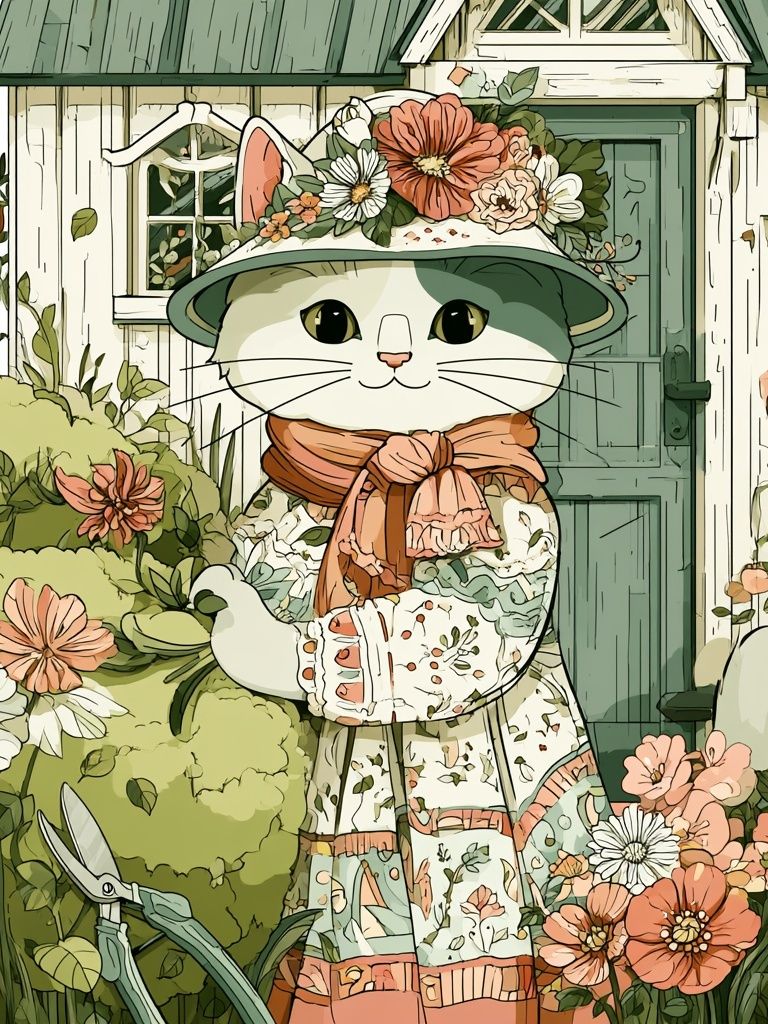 Floral Cat Garden Illustration Poster. poster — illustration art