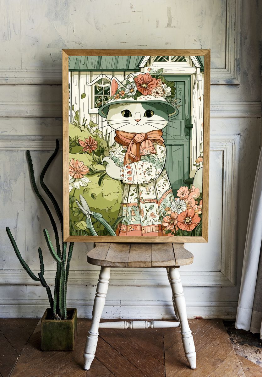 Floral Cat Garden Illustration Poster. room preview