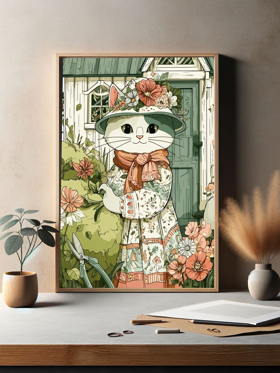 Floral Cat Garden Illustration Poster. — room view 2
