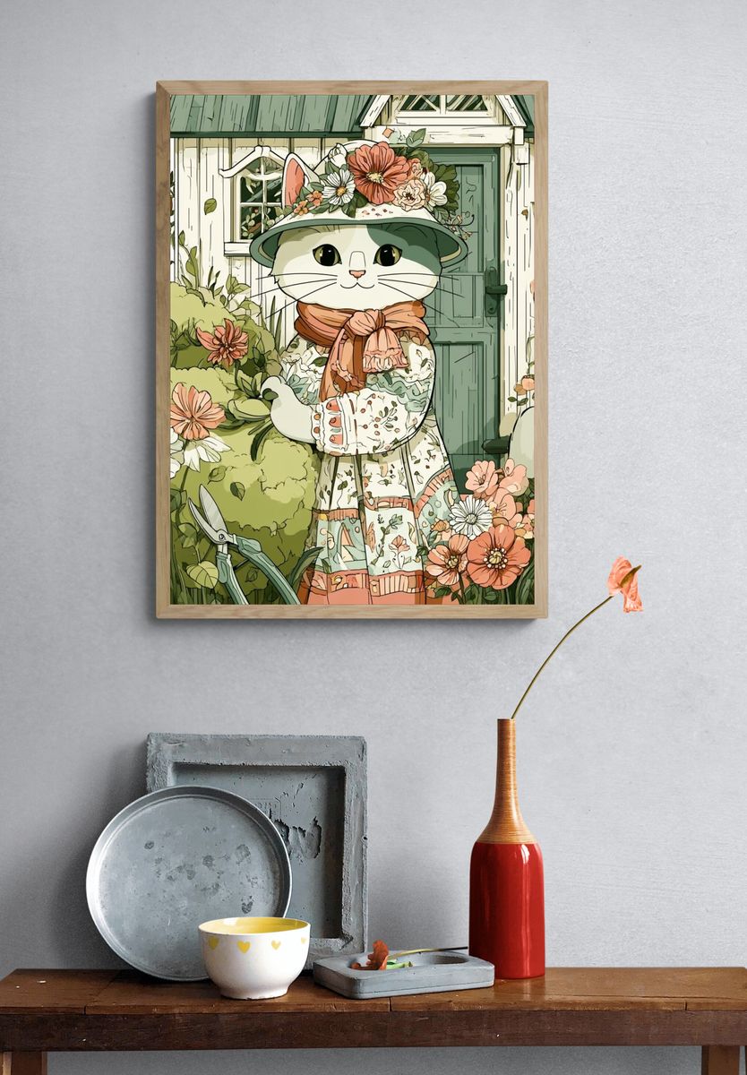 Floral Cat Garden Illustration Poster. — room view 3