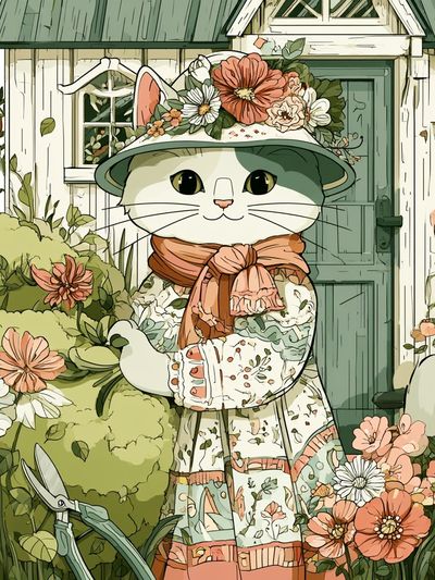 Floral Cat Garden Illustration Poster.