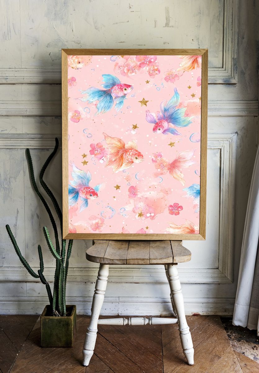 Pastel Goldfish Floral Print. room preview