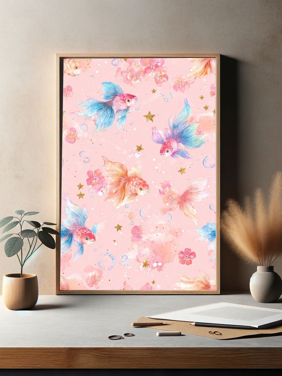 Pastel Goldfish Floral Print. — room view 2