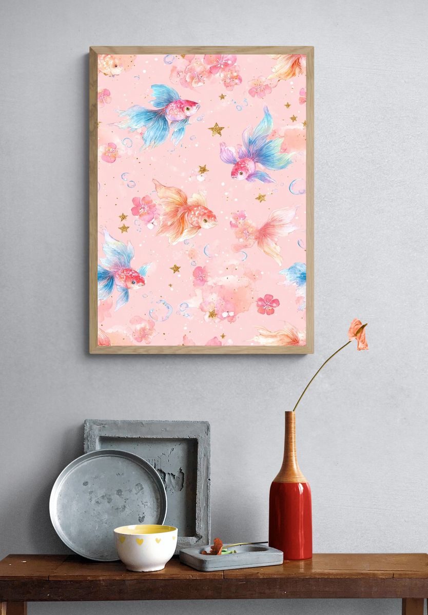 Pastel Goldfish Floral Print. — room view 3