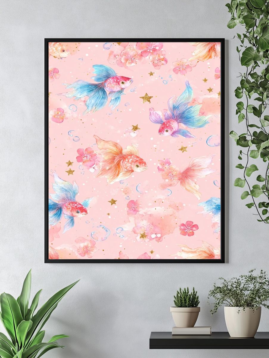Pastel Goldfish Floral Print. — room view 4