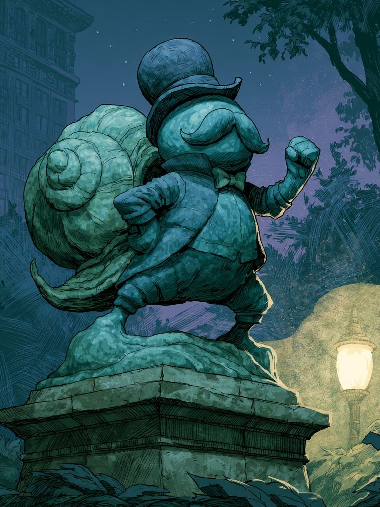 Snail Statue Nightscape Illustration Poster. poster — illustration art
