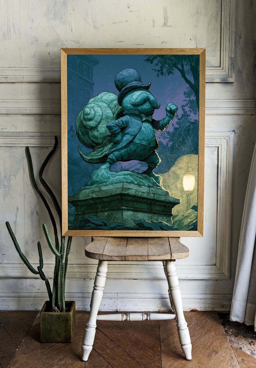 Snail Statue Nightscape Illustration Poster. room preview
