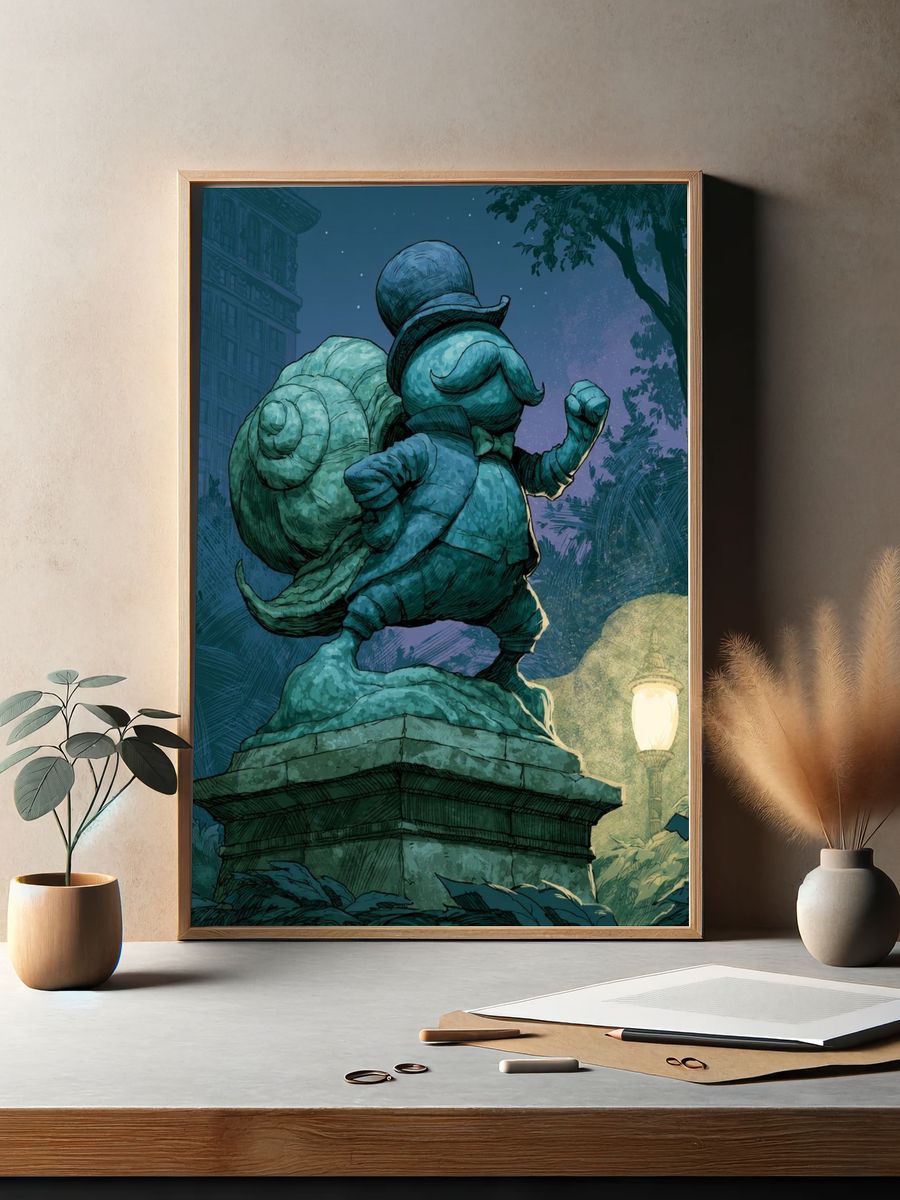 Snail Statue Nightscape Illustration Poster. — room view 2