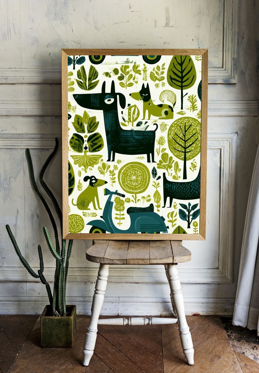 Forest Dogs and Leaves Illustration Poster. — room view 1