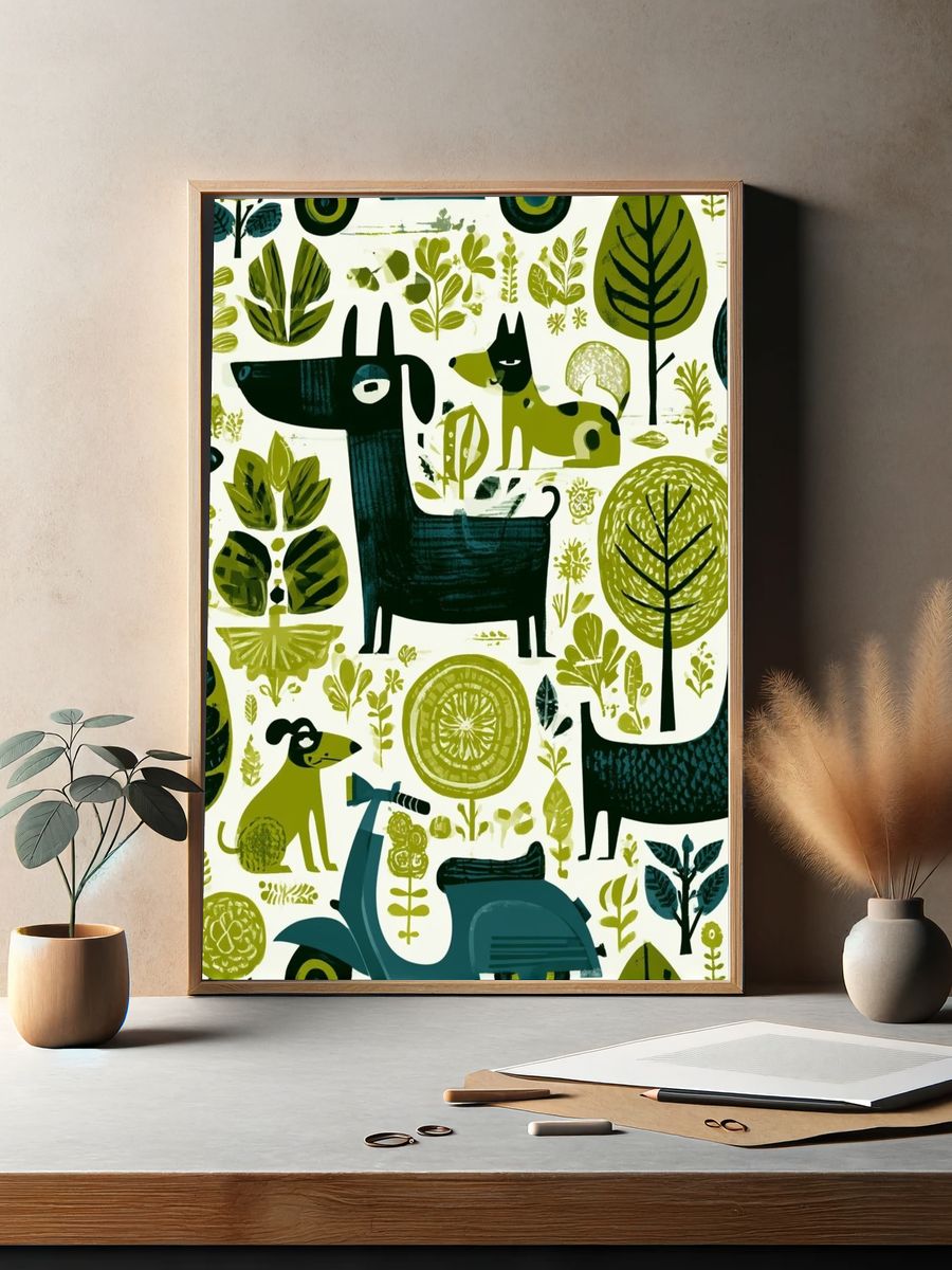 Forest Dogs and Leaves Illustration Poster. — room view 2
