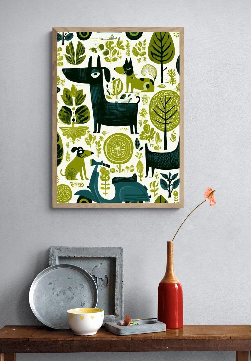 Forest Dogs and Leaves Illustration Poster. — room view 3