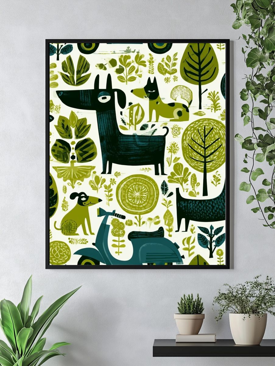 Forest Dogs and Leaves Illustration Poster. — room view 4