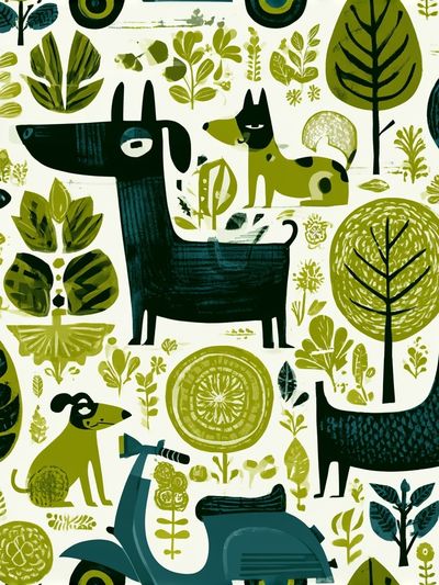 Forest Dogs and Leaves Illustration Poster.