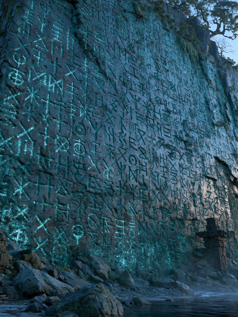 Mystic Cliff Runes Illustration Print. poster detail