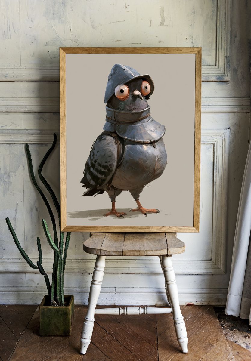 Armored Pigeon Illustration Poster. — room view 1