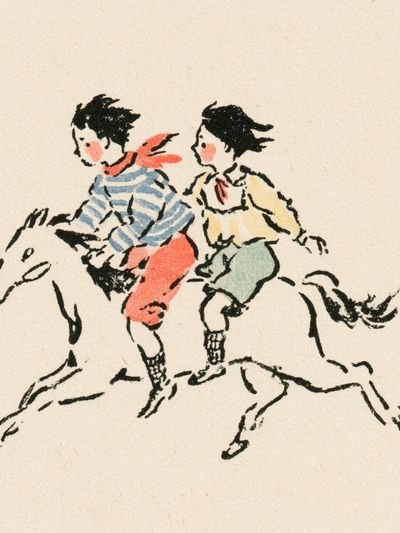 Children Riding Horse Illustration Poster.
