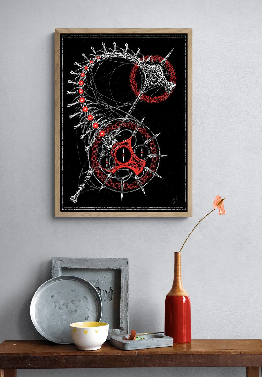 Gothic Skeleton Wheel Illustration Poster. — room view 3