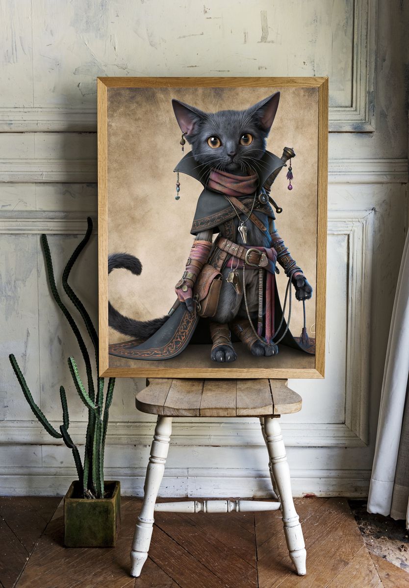 Fantasy Cat Warrior Illustration Poster. room preview