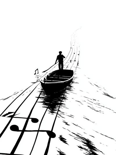 Boat on Musical Notes Print.