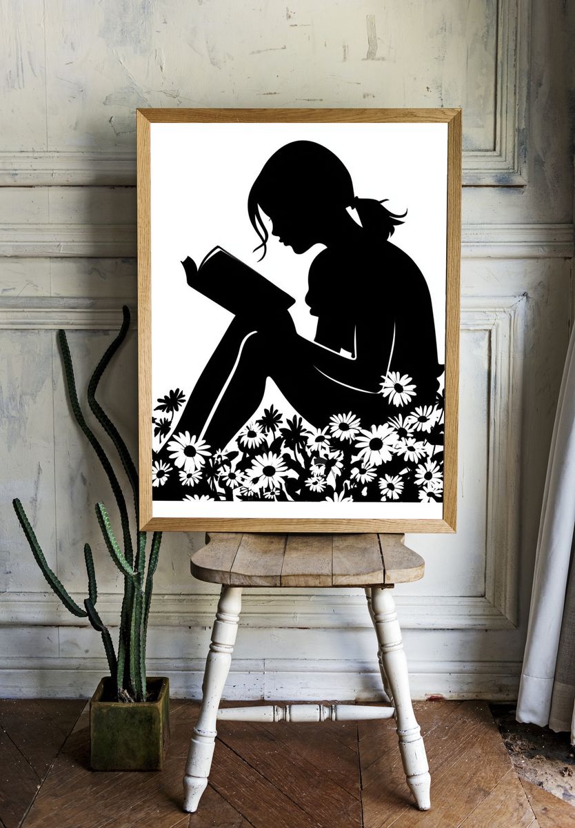 Girl Reading Silhouette Print. room preview