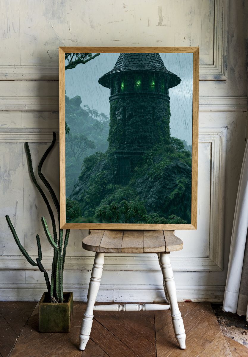 Rainy Forest Tower Illustration Print. room preview