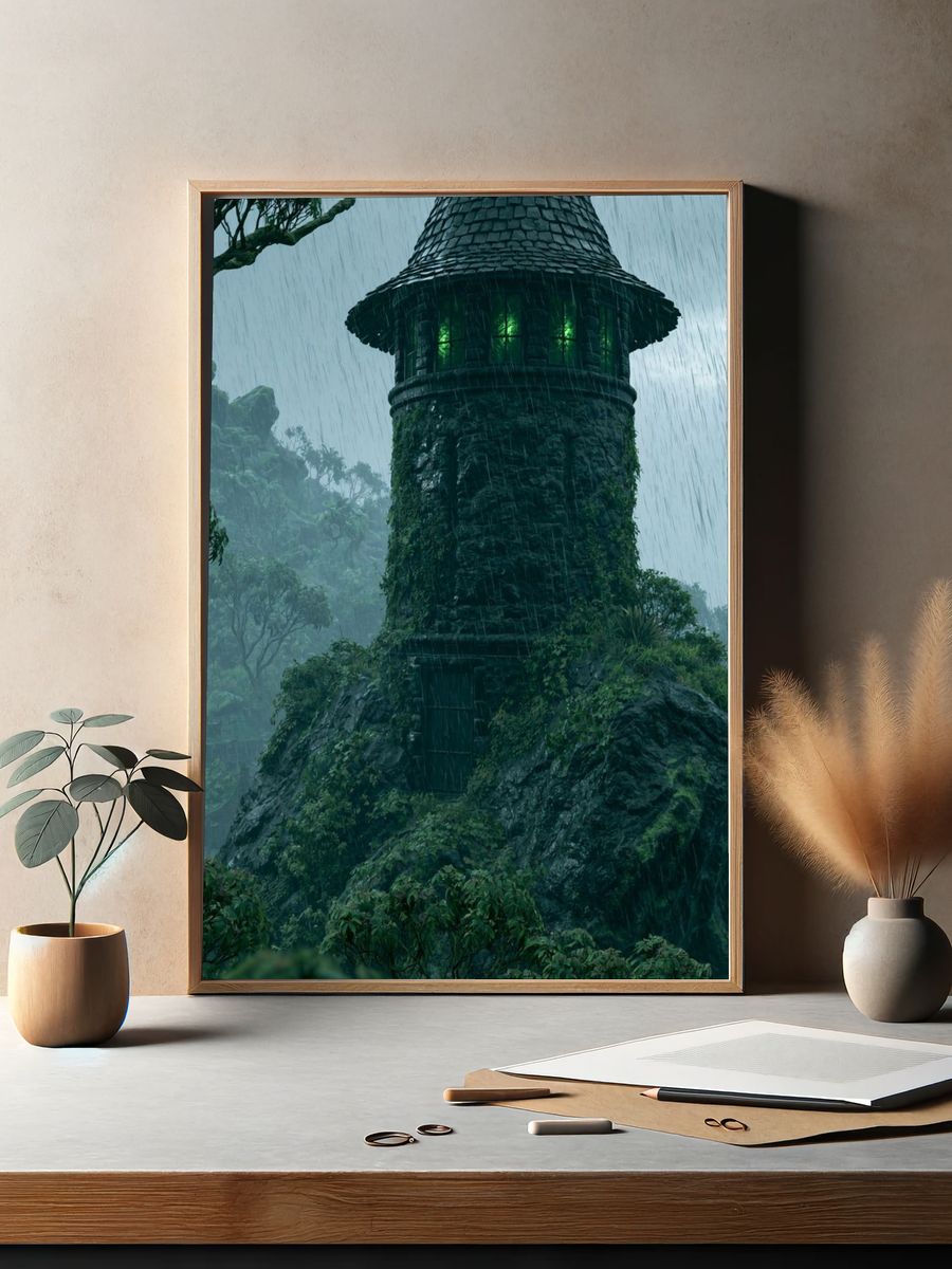 Rainy Forest Tower Illustration Print. — room view 2