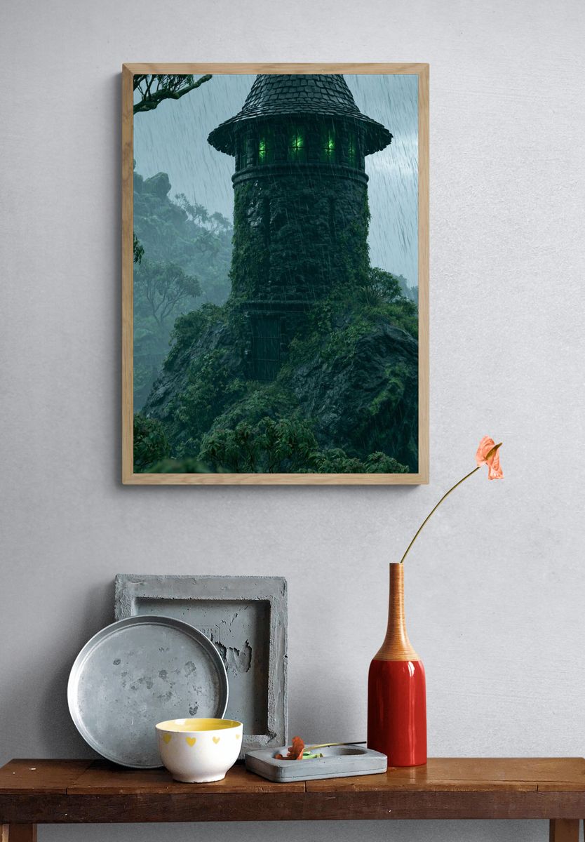 Rainy Forest Tower Illustration Print. — room view 3