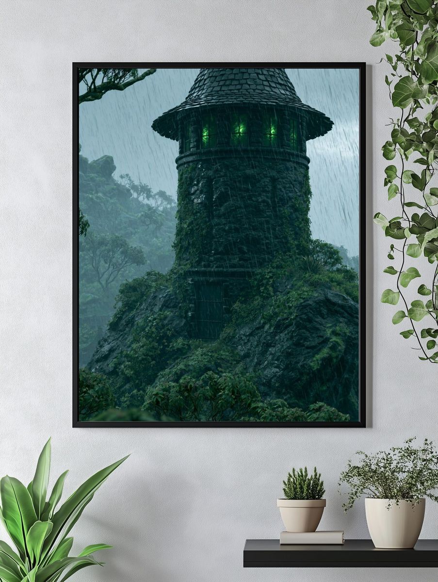 Rainy Forest Tower Illustration Print. — room view 4