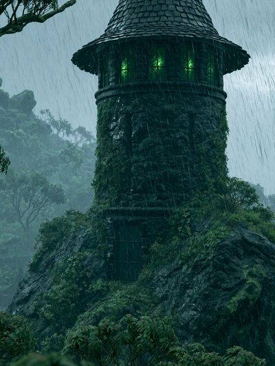 Rainy Forest Tower Illustration Print.