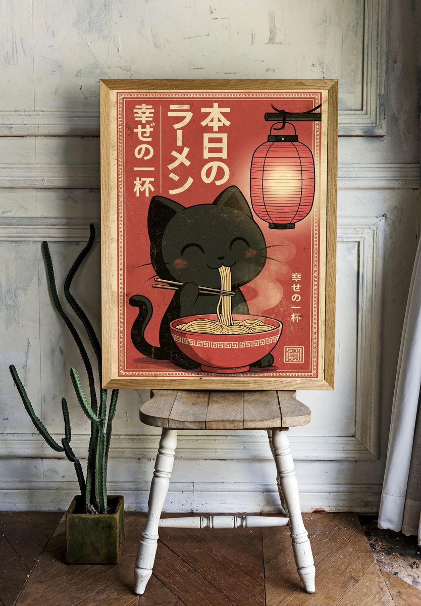 Lucky Cat Ramen Vintage Poster. — room view 1