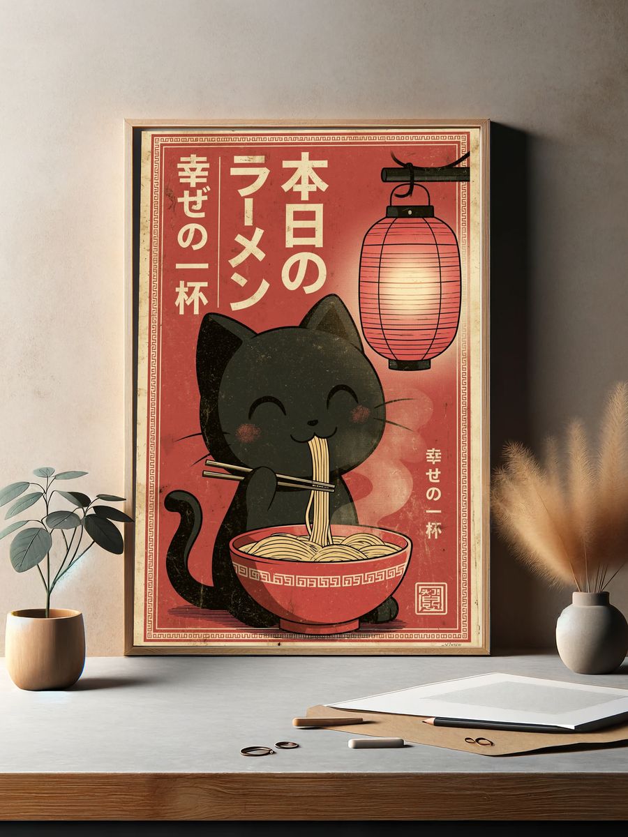 Lucky Cat Ramen Vintage Poster. — room view 2