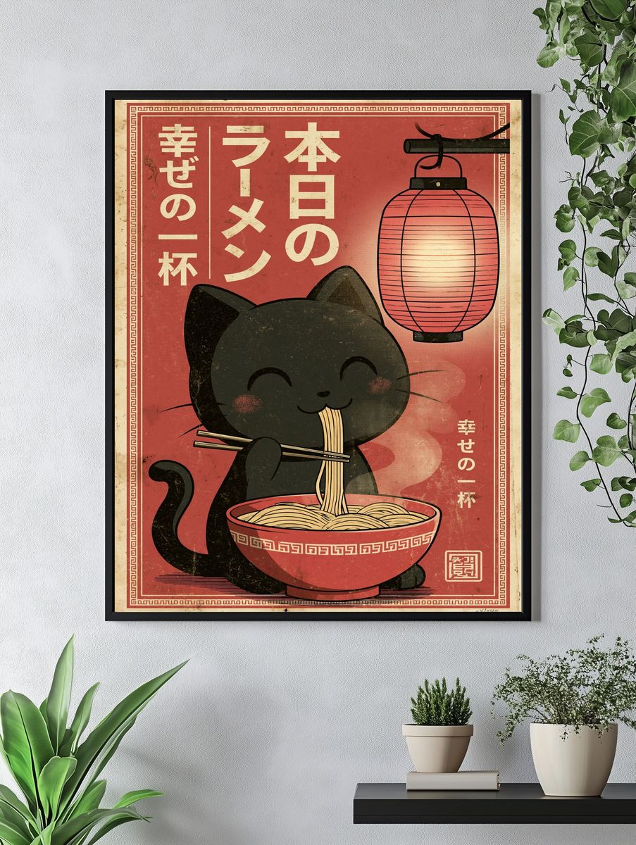 Lucky Cat Ramen Vintage Poster. — room view 4