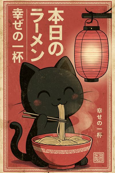 Lucky Cat Ramen Vintage Poster.
