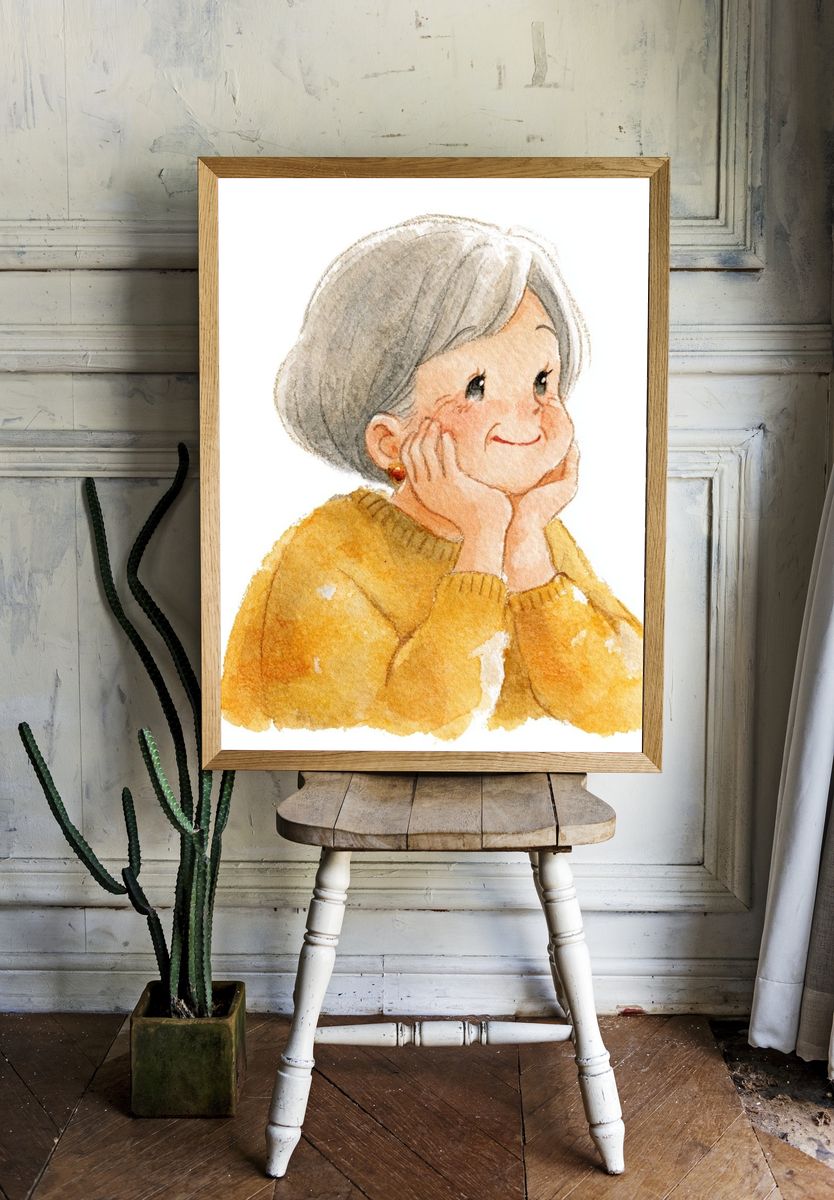 Smiling Elderly Woman Watercolor Print. room preview
