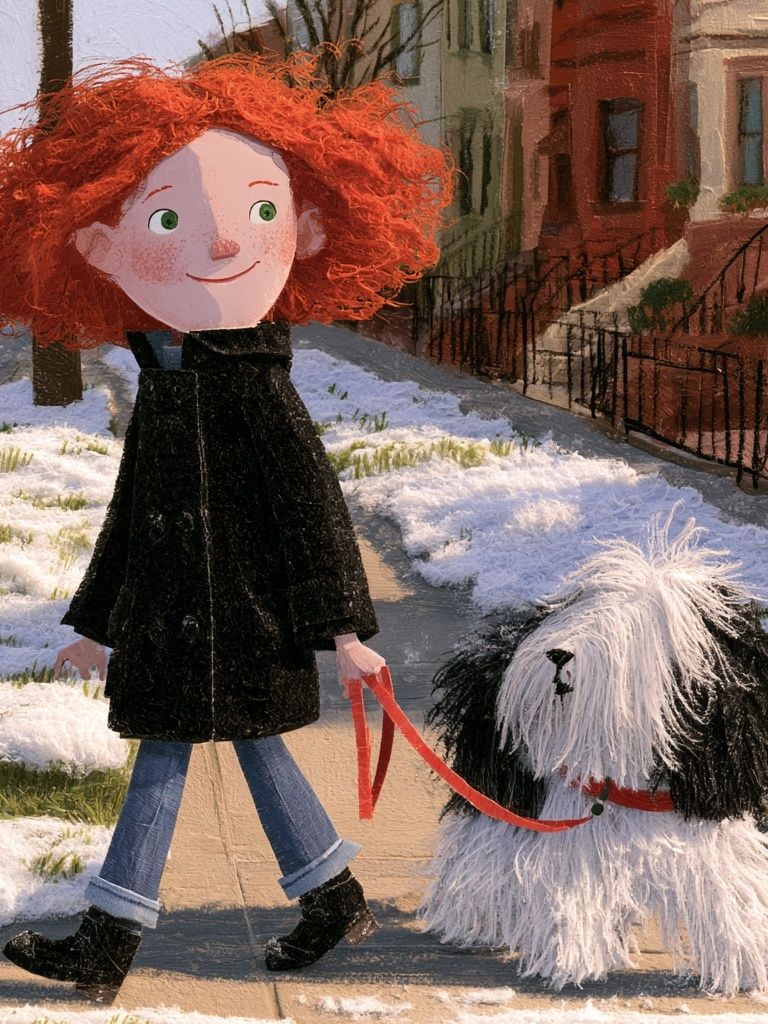 Girl and Dog Winter Walk Illustration Poster. poster — illustration art