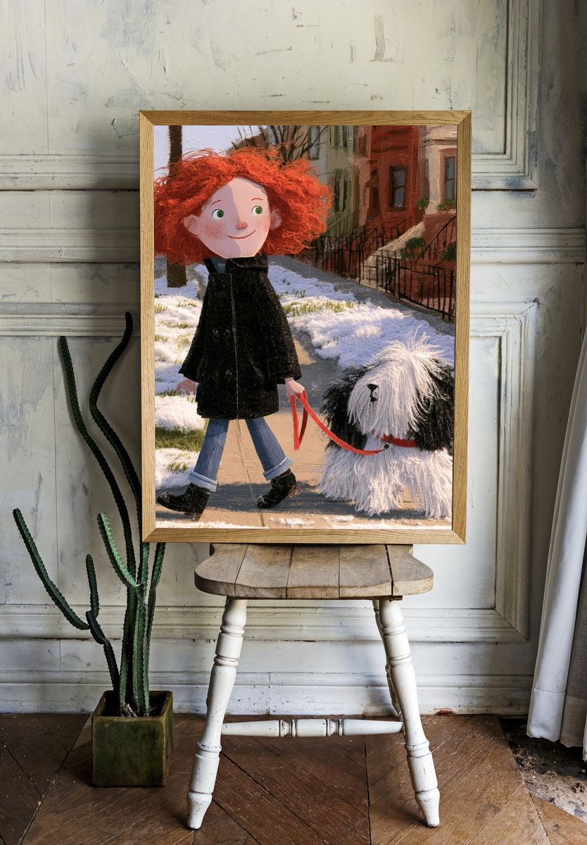 Girl and Dog Winter Walk Illustration Poster. room preview