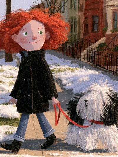 Girl and Dog Winter Walk Illustration Poster. poster