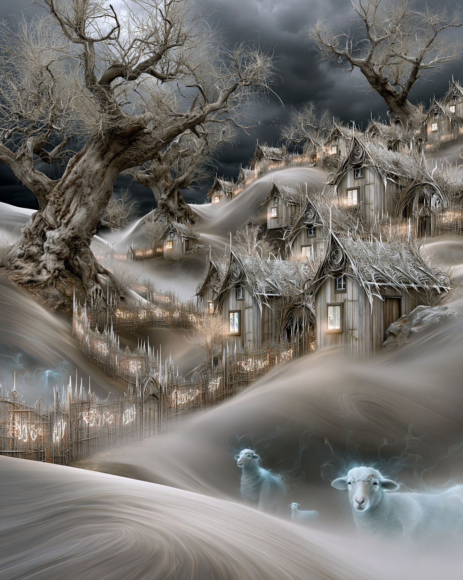 Whimsical Winter Village Illustration Poster. poster detail