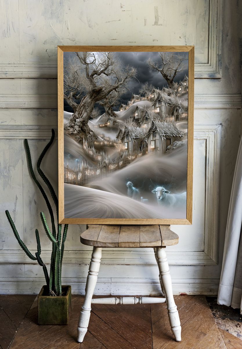 Whimsical Winter Village Illustration Poster. room preview