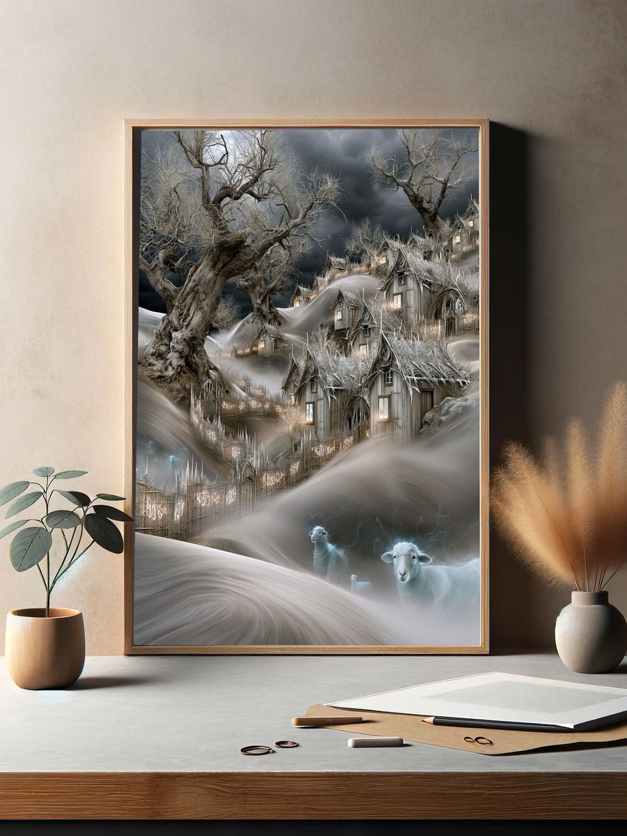 Whimsical Winter Village Illustration Poster. — room view 2