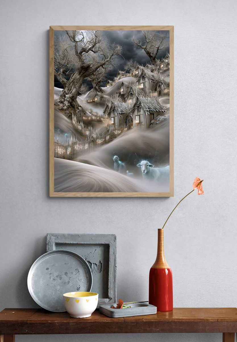 Whimsical Winter Village Illustration Poster. — room view 3