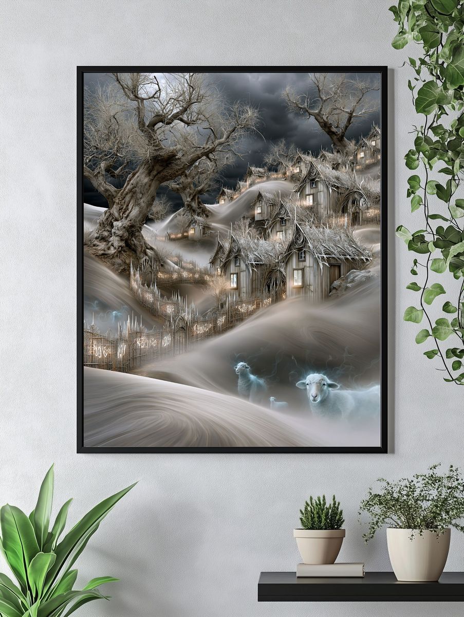 Whimsical Winter Village Illustration Poster. — room view 4