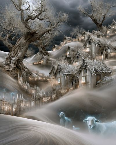 Whimsical Winter Village Illustration Poster.